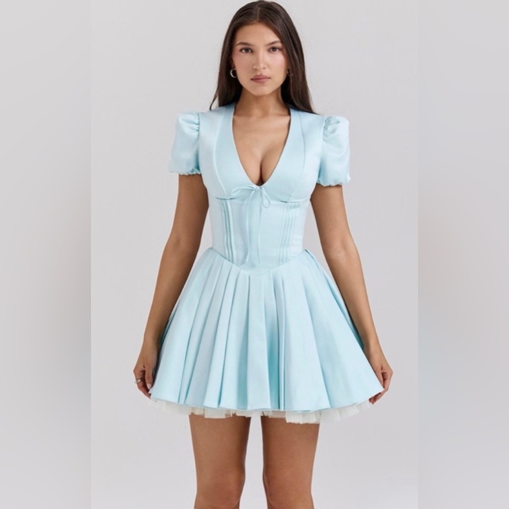 House of CB ‘Imani’ Delicate Blue Satin Pleated Mini Dress